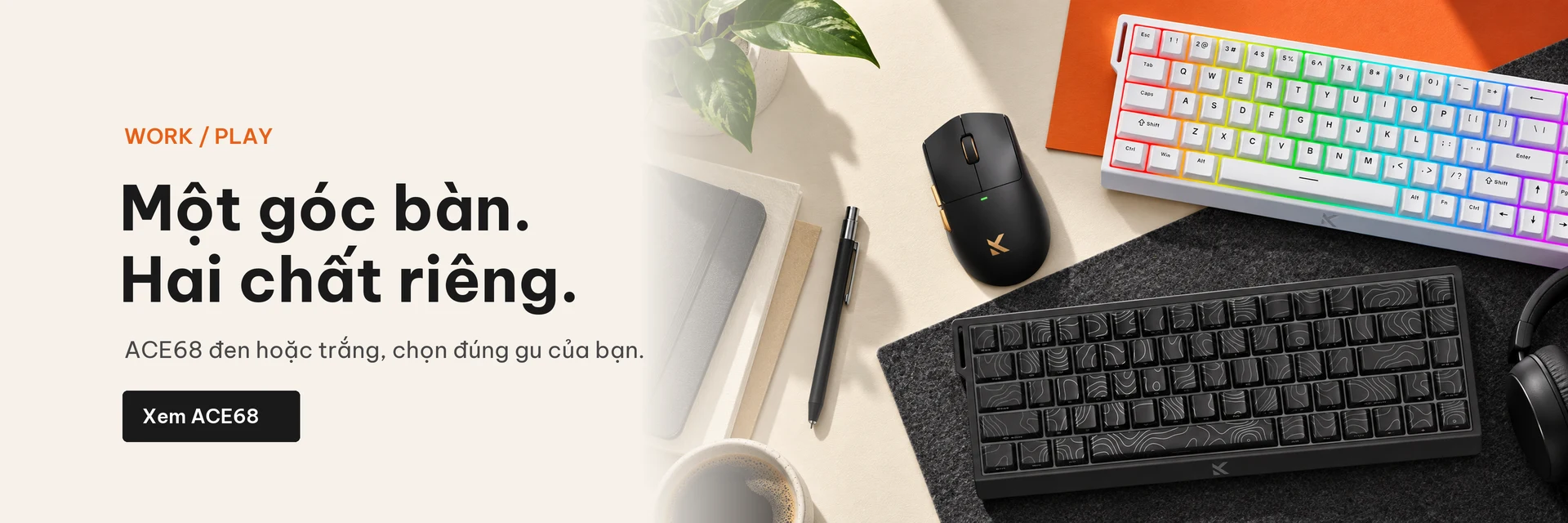 Một góc bàn, hai chất riêng. ACE68 đen và trắng cùng chuột K7 Ultra